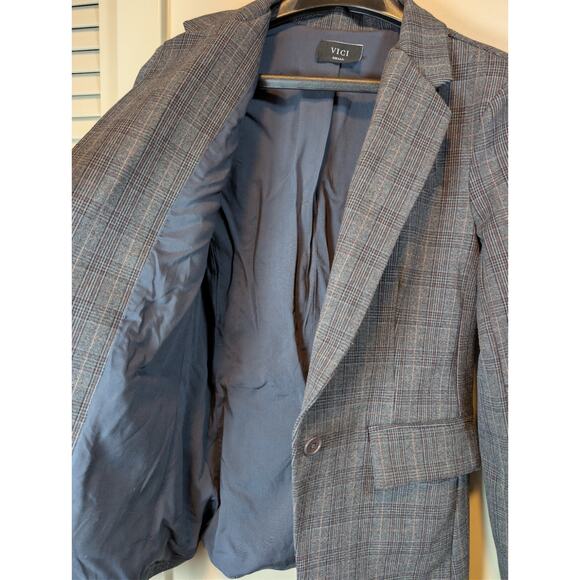 Vici Gray Plaid Mid Length Blazer Jacket One Button Two Pocket Women's S Office - Picture 5 of 8